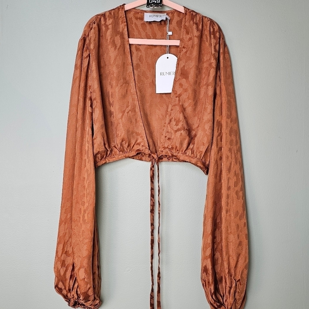 RUMER Kenya Animal Print Cheetah Long-Sleeve Wrap Crop Top, Burnt Orange, S - Picture 4 of 11